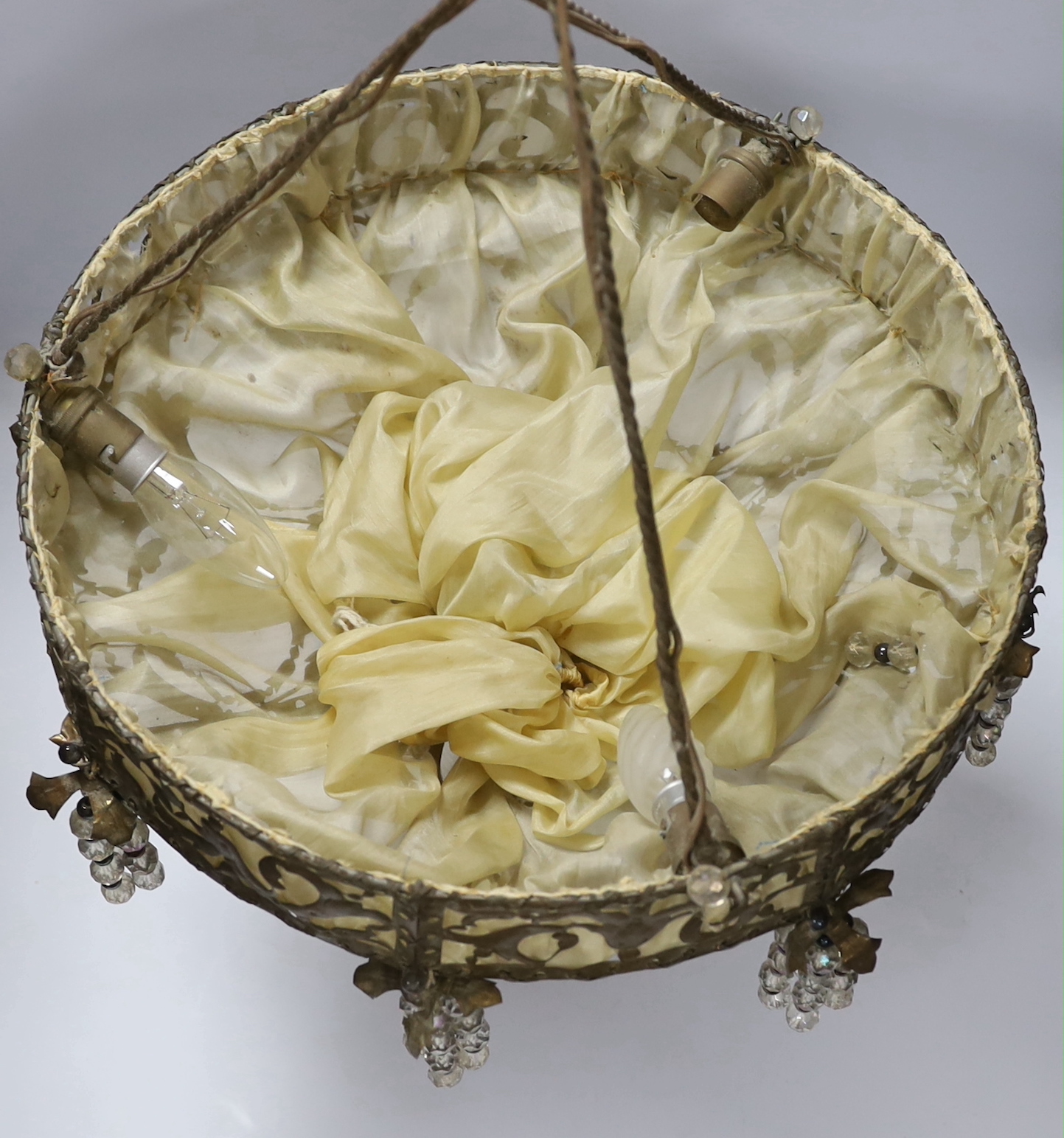Two lustre drop hanging light shades, largest 40cm in diameter